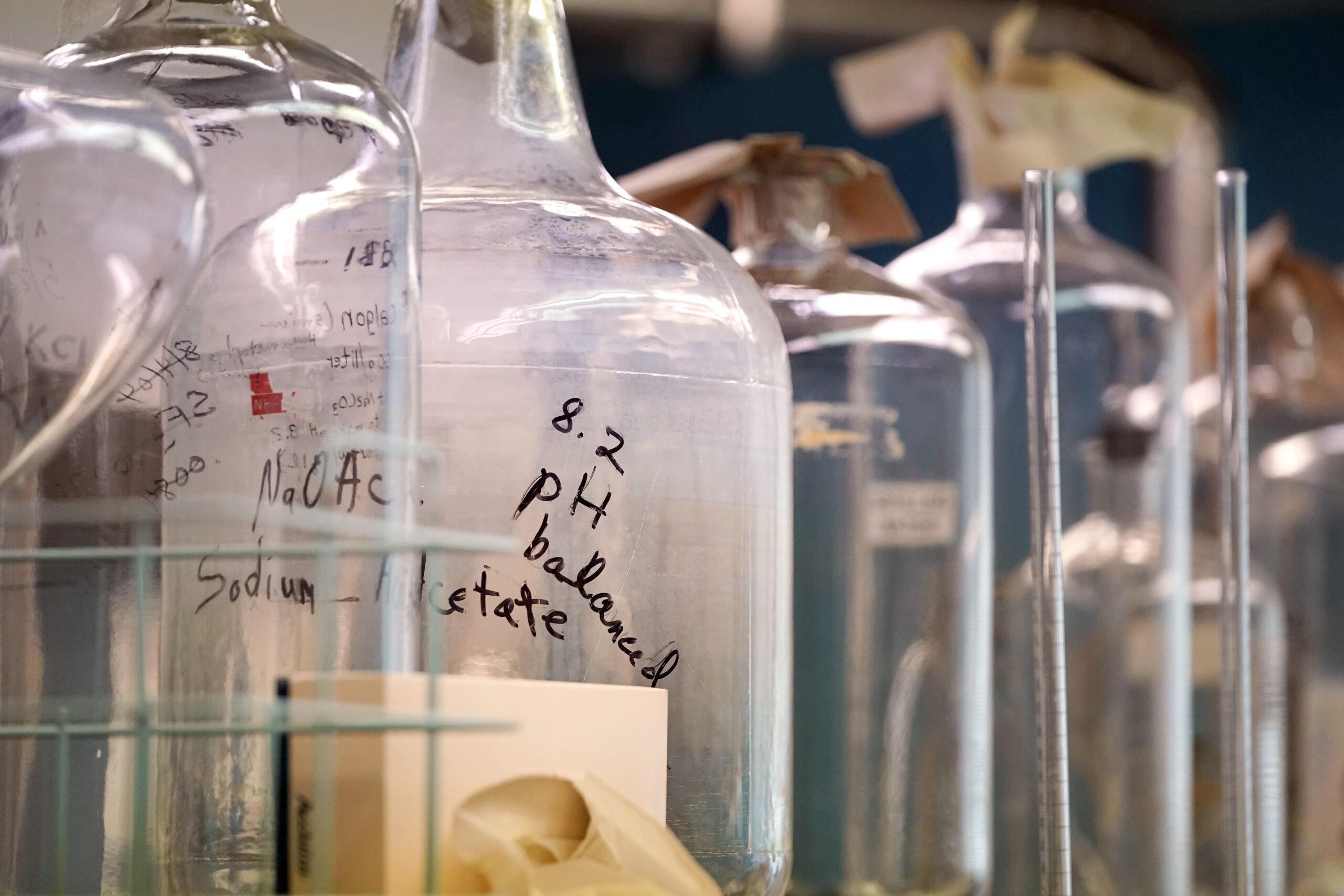 Several different laboratory glass vials and containers with writing on them