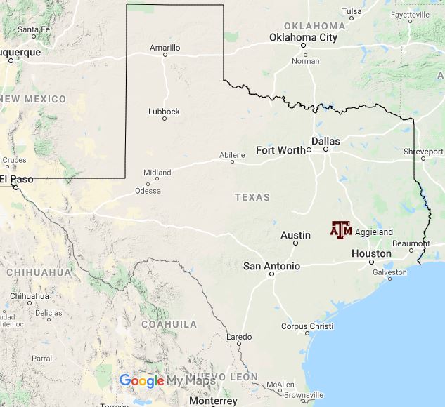 map of Texas showing where Texas A&M University is located