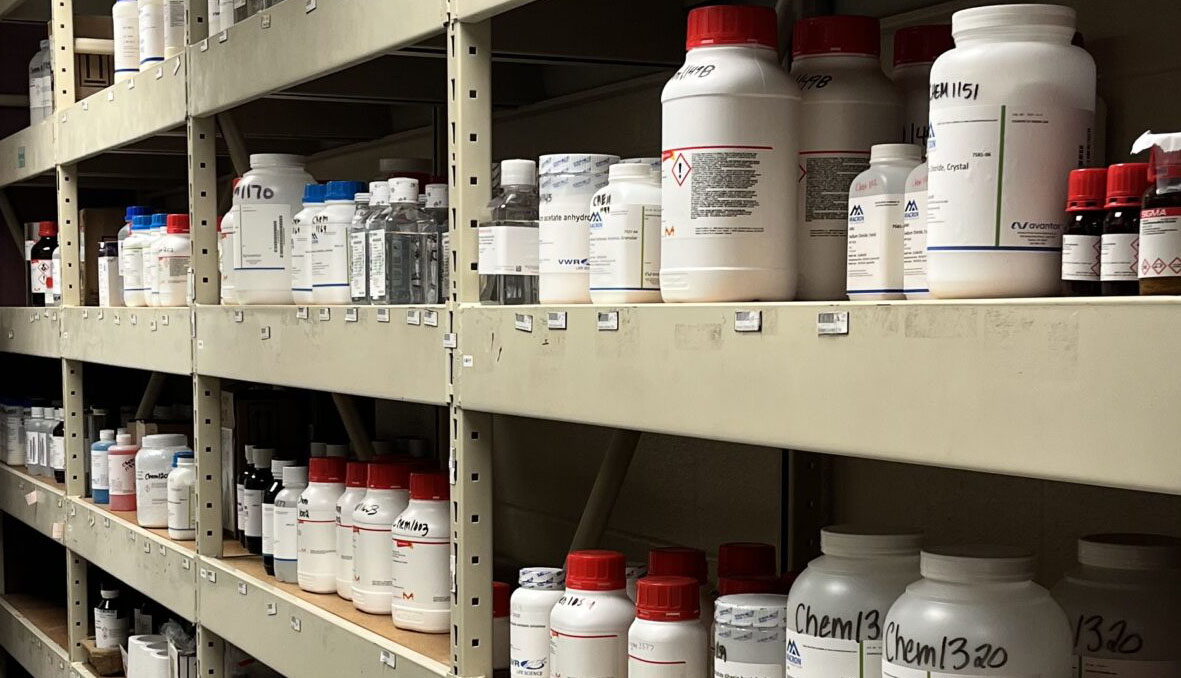 Stockroom filled with bottles used within the Biochemistry and Biophysics building